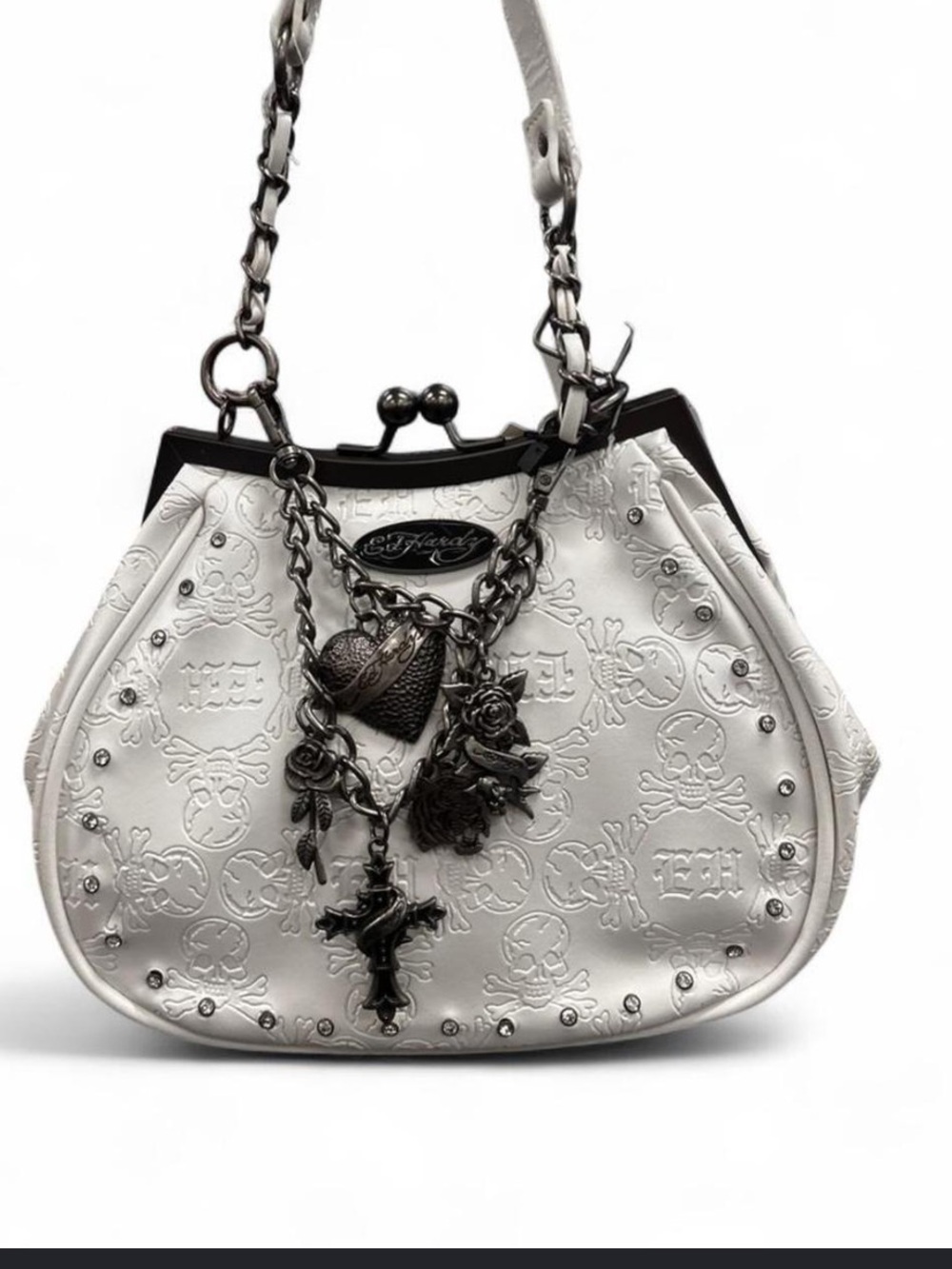 NWT Ed Hardy White Embossed Vegan Leather Shoulder Bag with Chain Strap